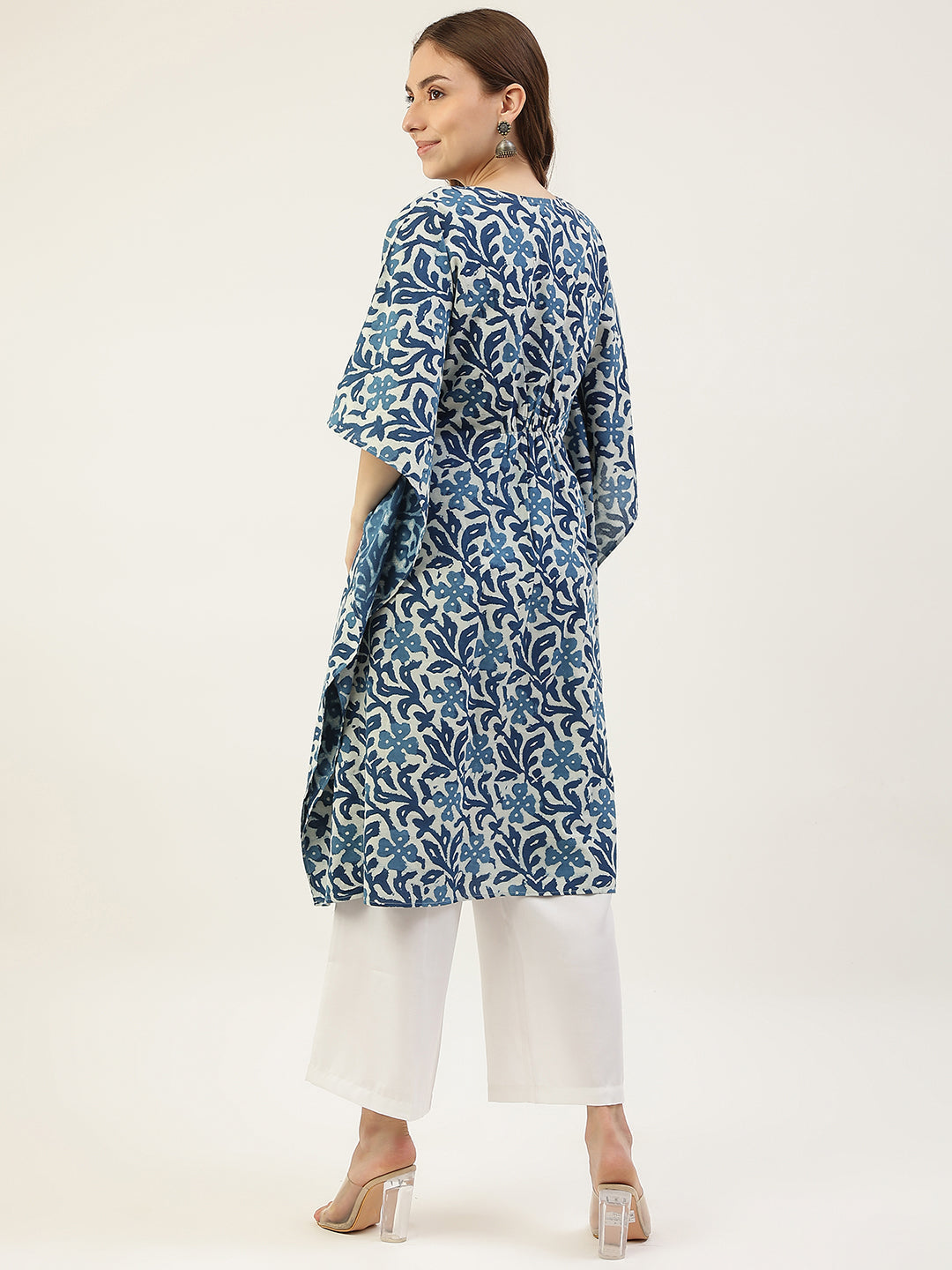 Women's Floral Printed Blue Cotton Kaftan