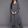 Dhiyona VR Women's Grey Empire Gathered Details A-Line Kurta Paired With Tonal Bottom