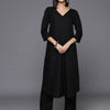 Dhiyona VR Women's Black Solid A-Line Kurta Paired With Tonal Bottom