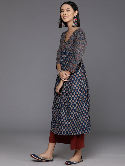 Indyancart VR Women's Blue And Maroon Bandez Printed Anarkali Kurta