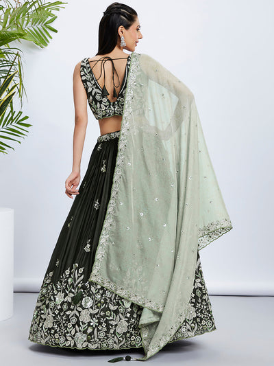 Women Olive Pure Georgette Sequins and thread embroidery  Lehenga choli & Dupatta