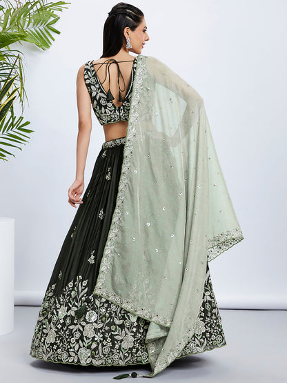 Women Olive Pure Georgette Sequins and thread embroidery  Lehenga choli & Dupatta