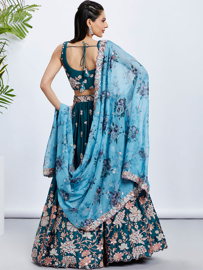 Women Teal Pure Georgette Sequins and thread embroidery  Lehenga choli & Dupatta