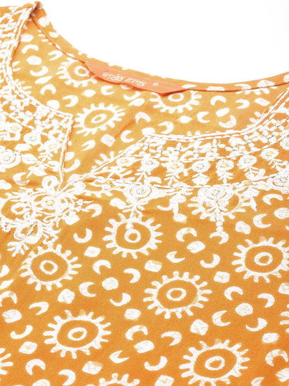 Indyancart IE Women Ethnic Motifs Printed Thread Work A-Line Kurta