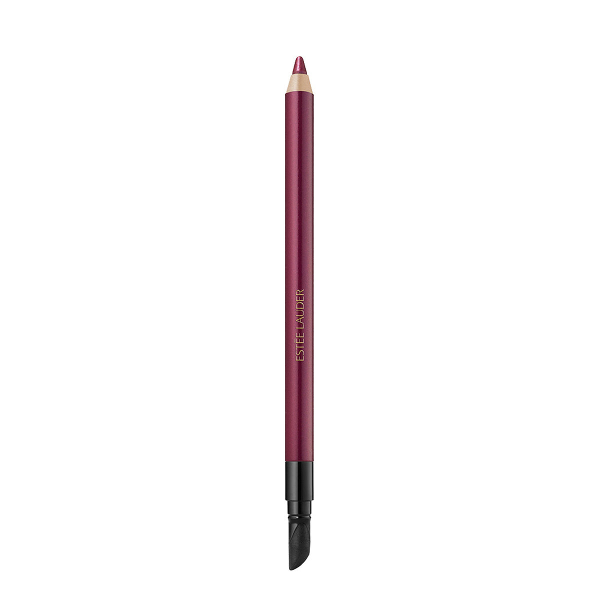 Estee Lauder Double Wear waterproof gel eye pencil in Aubergine, shown with the pencil and swatched on skin.