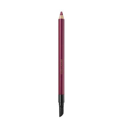 Estee Lauder Double Wear waterproof gel eye pencil in Aubergine, shown with the pencil and swatched on skin.