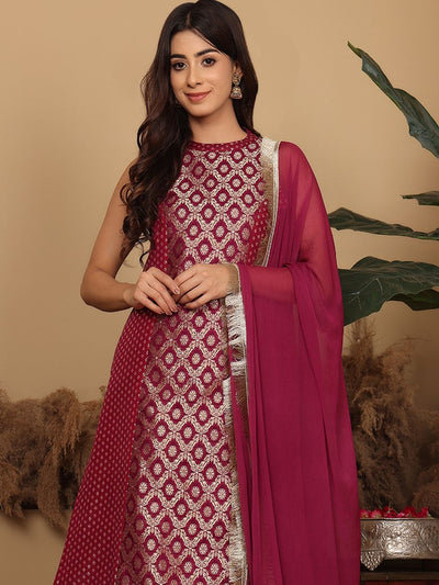 Indyancart VA Women's Brocade Princess cut A Line Halter Neck Kurta with Trouser & Dupatta