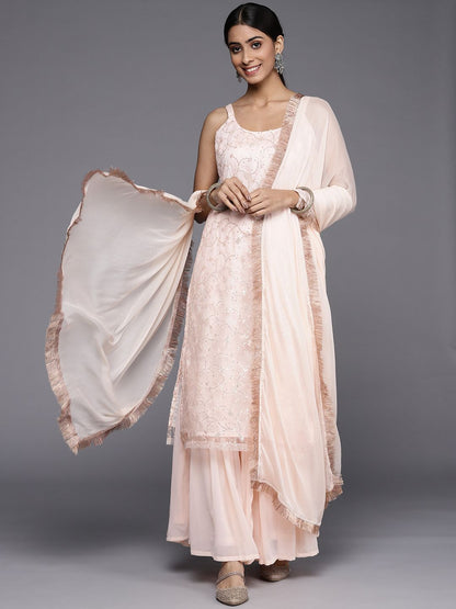 Indyancart VA Women Peach-Coloured Floral Sequinned Kurta with Sharara & With Dupatta