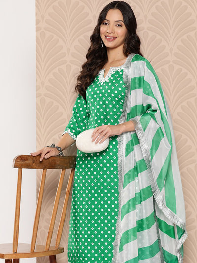 Indyancart VA Women'sBandhani Printed Sequinned Kurta with Palazzos & Dupatta