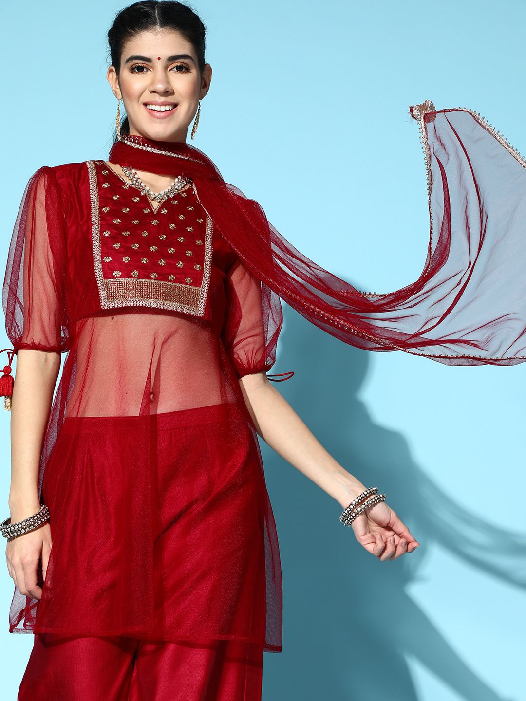 Indyancart IE Red Liva Sheer Kurta Set