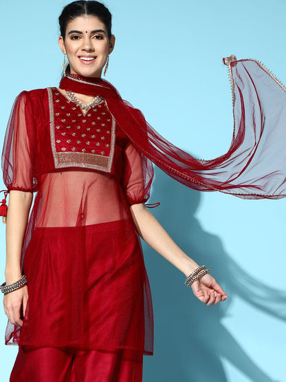 Indyancart IE Red Liva Sheer Kurta Set
