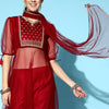 Indyancart IE Red Liva Sheer Kurta Set