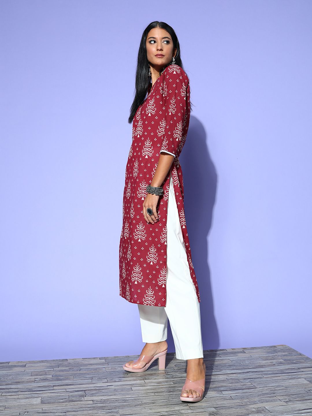 Dhiyona IE Women Maroon & White Pure Cotton Ethnic Motifs Printed Kurta