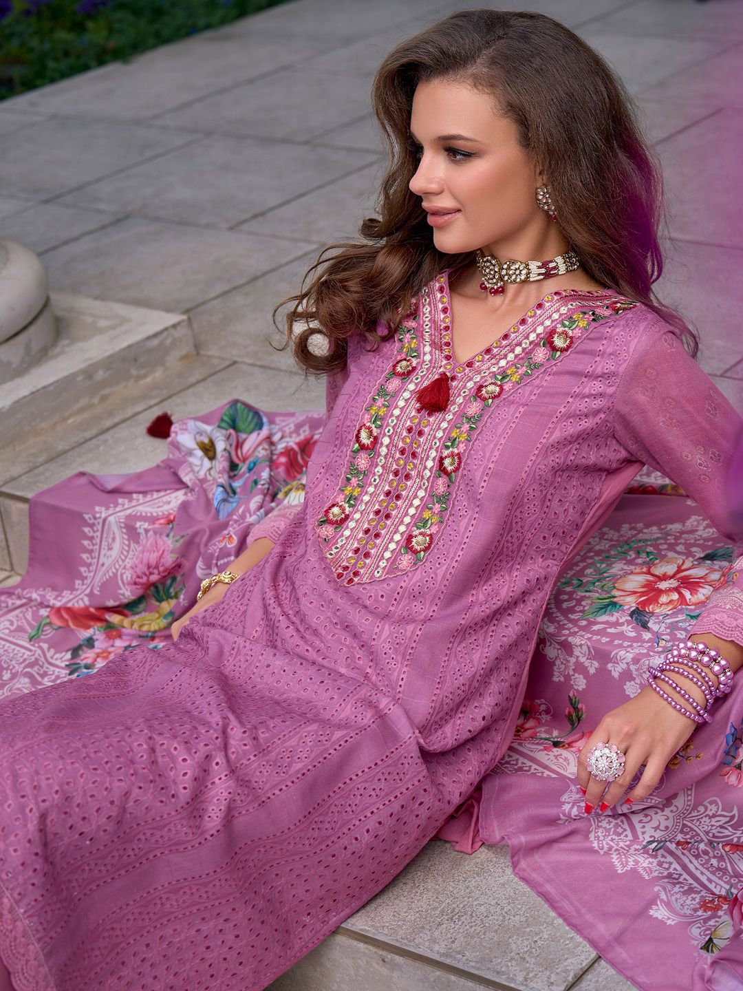 Floral Embroidered Mirror Work Pure Cotton Kurta With Trousers & Dupatta