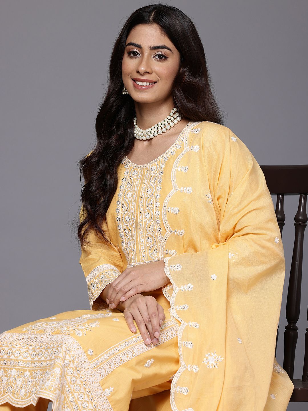 Indyancart VA Women's Embroidered Sequinned Pure Cotton Kurta with Trousers & Dupatta
