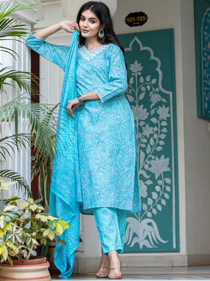 Indyancart VA Women'sPaisley Printed Regular Mirror Work Kurta with Trouser & Dupatta