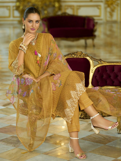 Indyancart VA Women'sFloral Embroidered V-Neck Thread Work Pure Cotton Kurta With Trousers And Dupatta