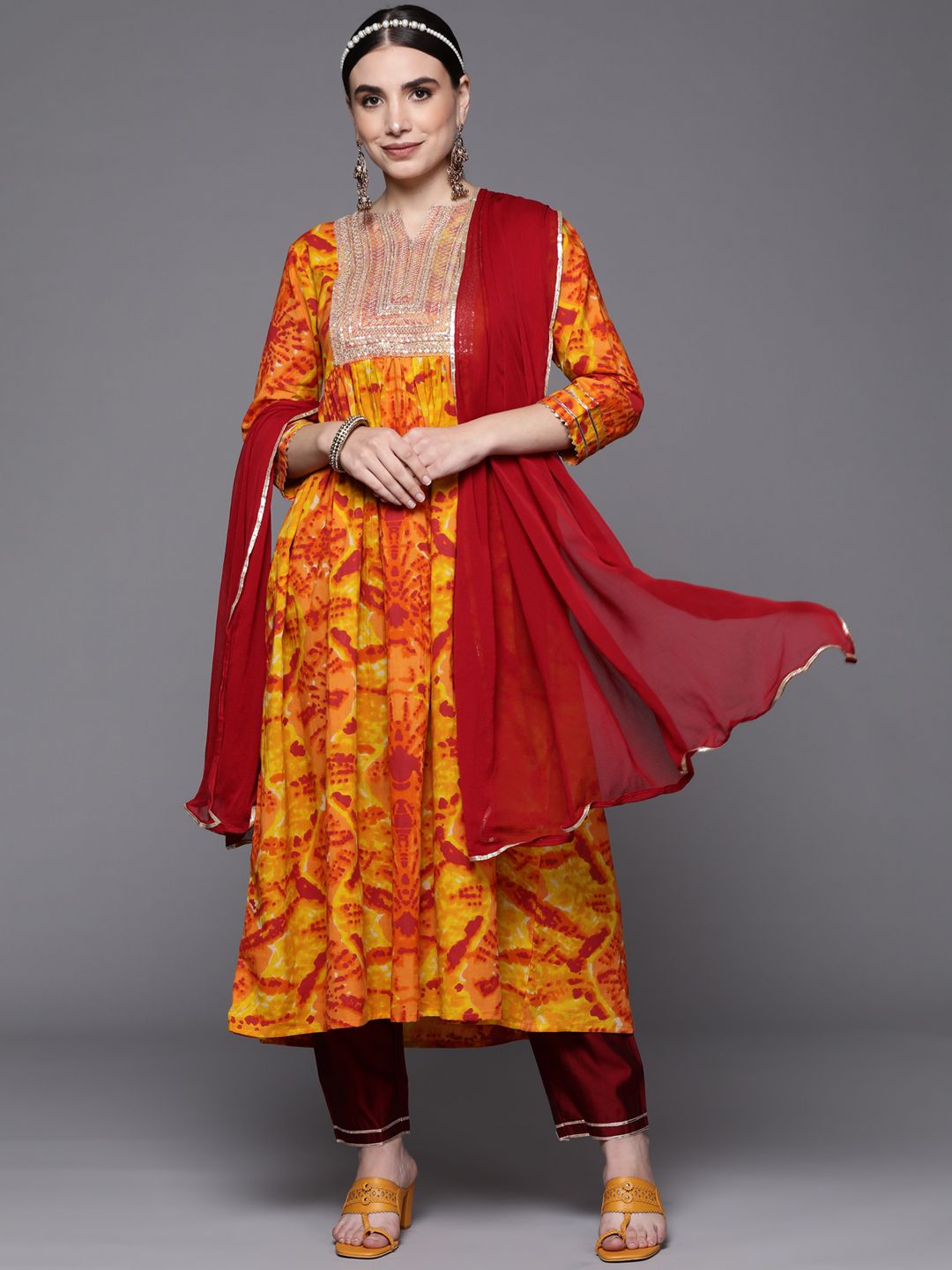 Indyancart IE Women Yellow Bandhani Tie & Dye Kurta with Trousers & Dupatta