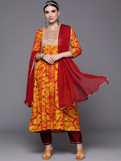 Indyancart IE Women Yellow Bandhani Tie & Dye Kurta with Trousers & Dupatta
