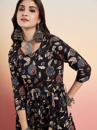 Indyancart SN Women's Floral Printed Pure Cotton Anarkali Kurti With Sharara