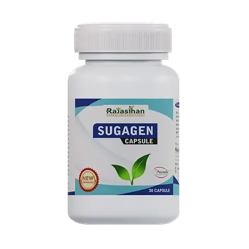 Rajasthan Herbals Sugagen Ayurvedic capsules in a blister pack, featuring herbal supplement capsules from Rajasthan Herbals International.