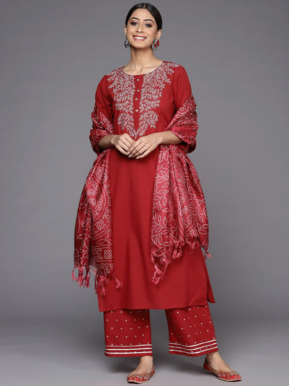 Indyancart VA Women's Rust Ethnic Motifs Yoke Design Kurta with Palazzos & With Dupatta