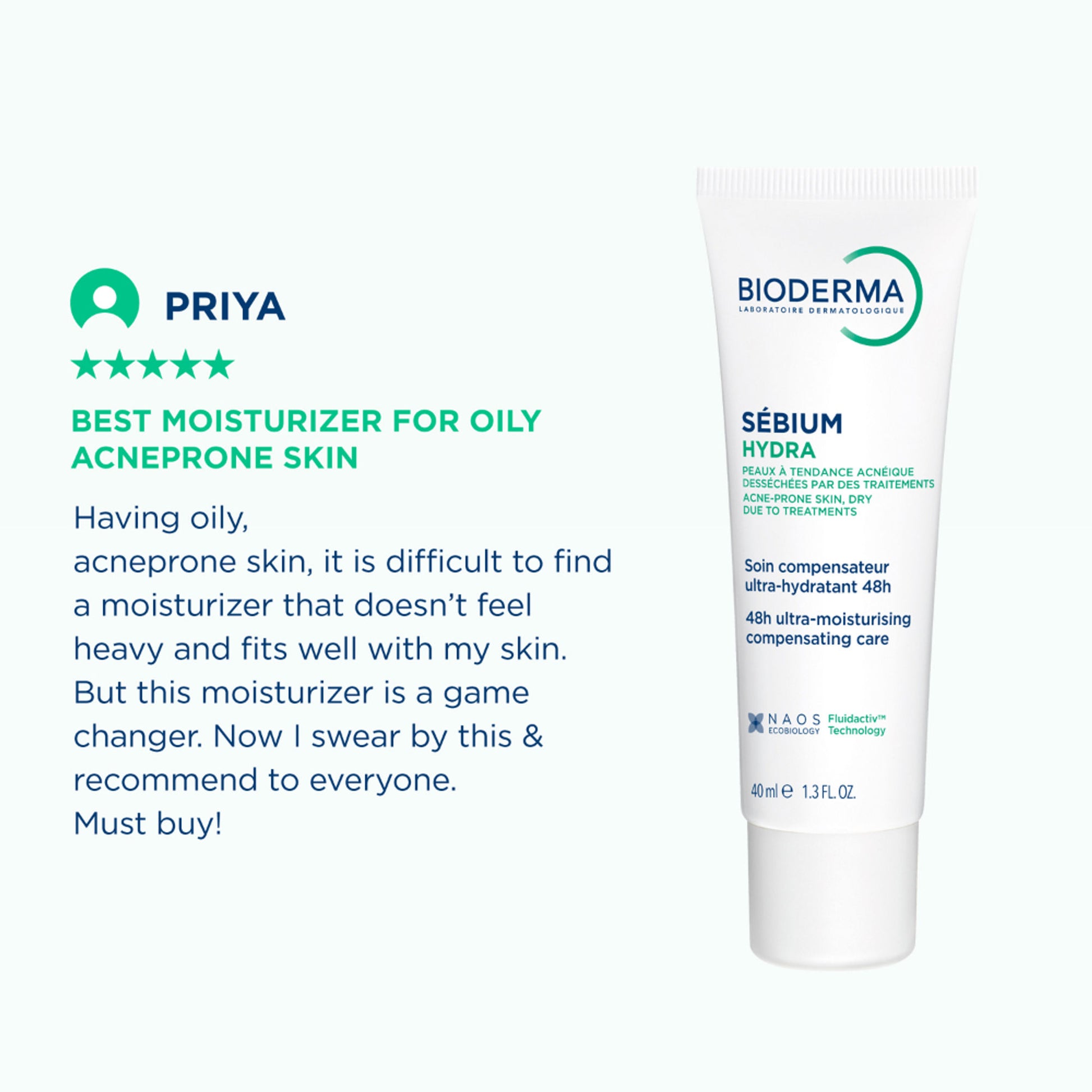 Bioderma Moisturizer Sebium Hydra for Oily, Acne-Prone Skin with Ceramides for 24H Hydration