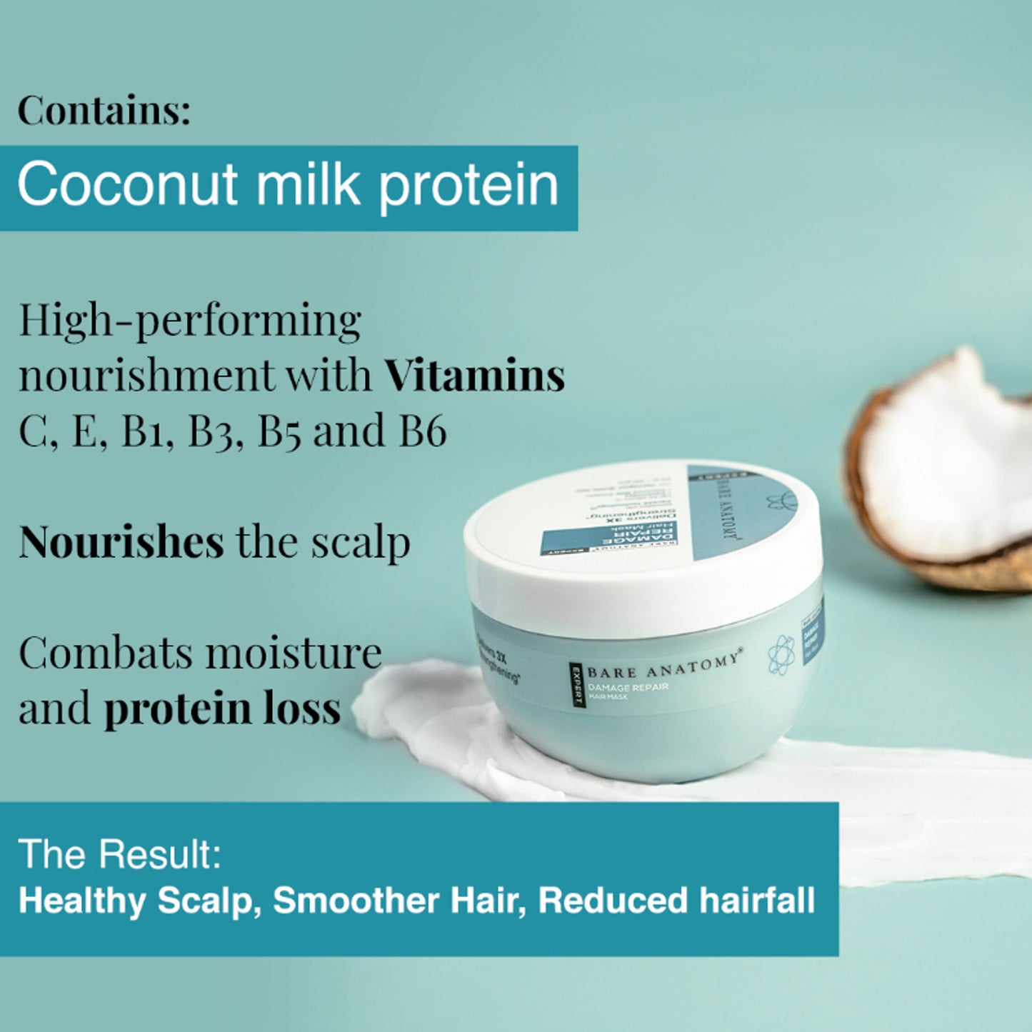 Bare Anatomy Damage Repair Hair Mask Hair Mask For Dry & Frizzy Hair with Coconut Milk Protein