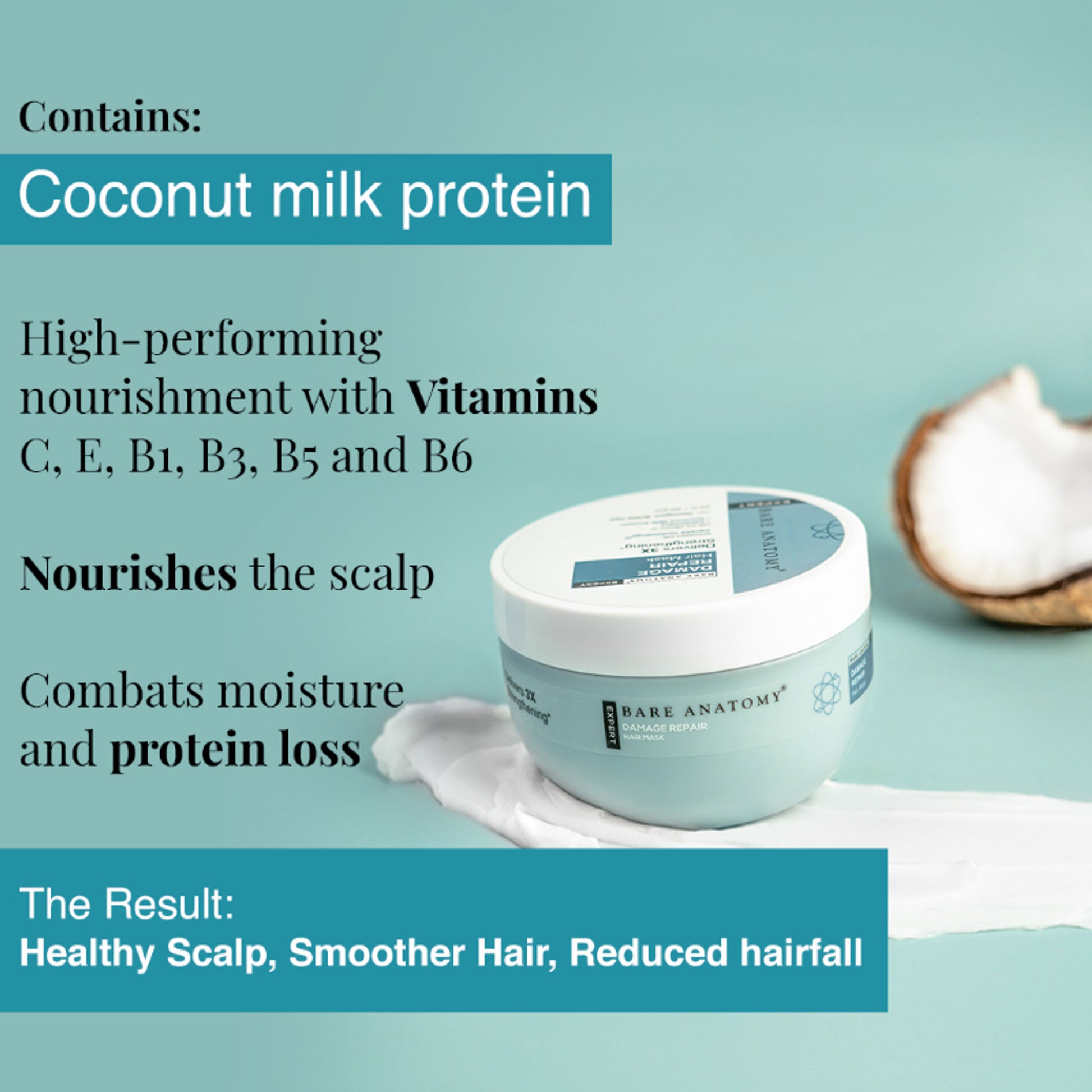 Bare Anatomy Damage Repair Hair Mask Hair Mask For Dry & Frizzy Hair with Coconut Milk Protein