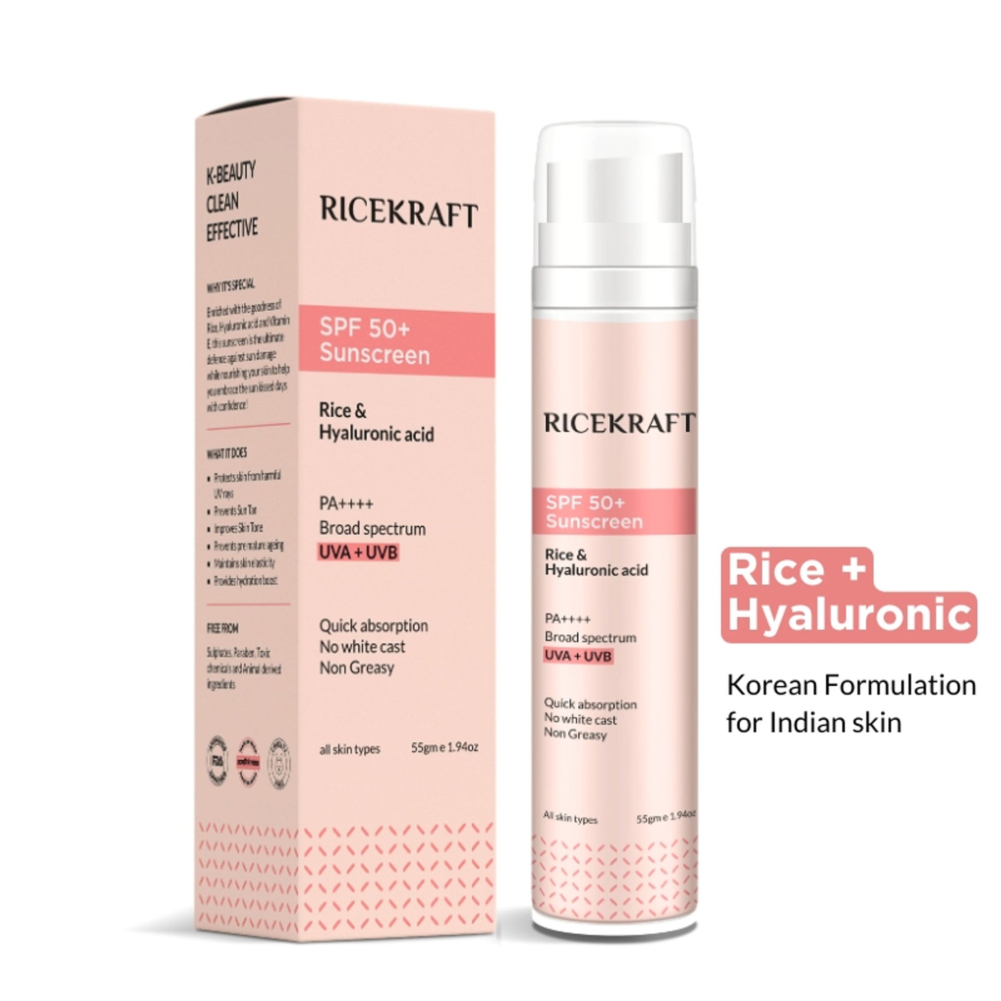 Ricekraft Spf 50+ Korean Sunscreen With Rice And Hyaluronic Acid