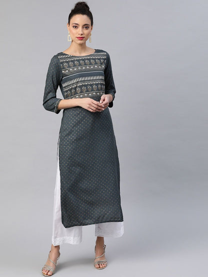 Dhiyona IE Grey Ethnic Motif Printed Three Quarter Sleeve Straight Kurta