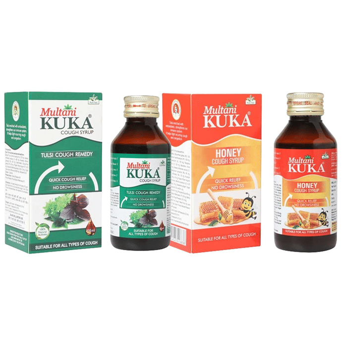 Multani Ayurvedic Kuka Cough Syrup and Kuka Honey combo pack, 100ml each, in bottles with labels and caps.