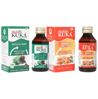 Multani Ayurvedic Kuka Cough Syrup and Kuka Honey combo pack, 100ml each, in bottles with labels and caps.