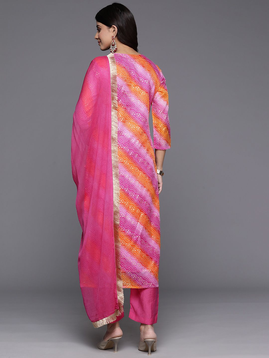 Dhiyona VA Women'sBandhani Embroidered Zari Kurta with Trousers & Dupatta