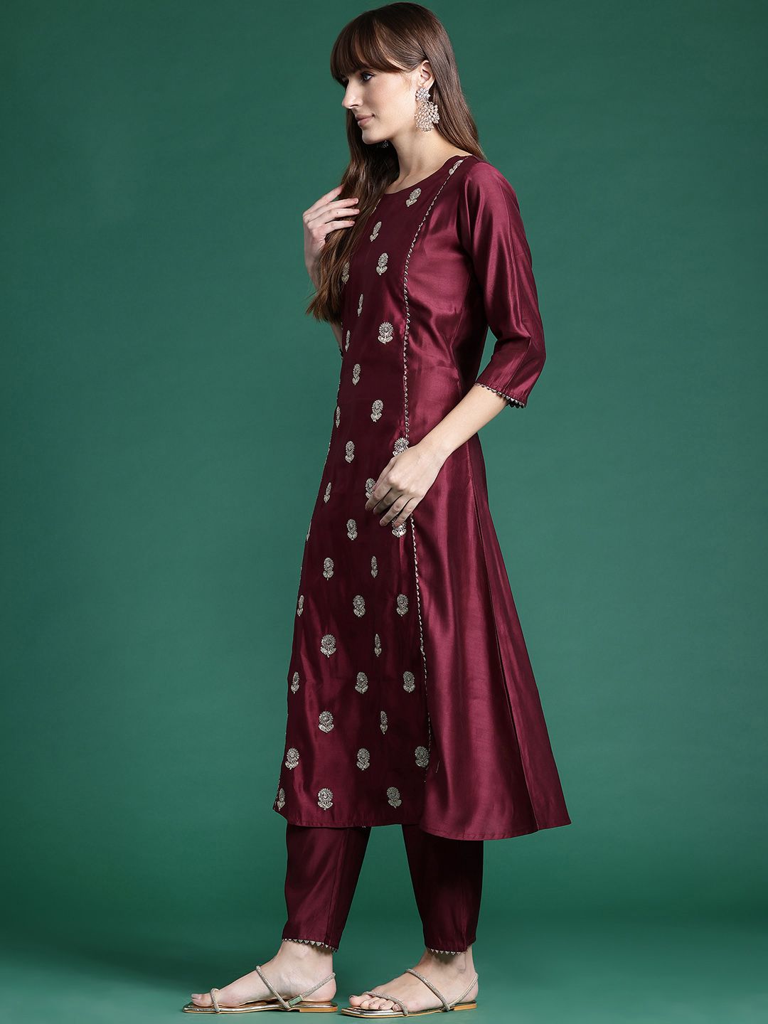Indyancart IE Floral Embroidered Panelled Sequinned Liva Kurta with Trousers