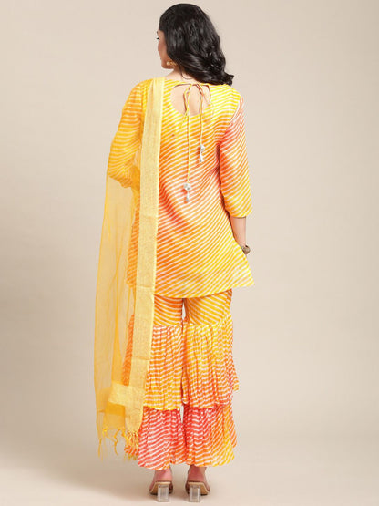 Indyancart VA Women's Yellow Printed Gotta Patti Kurti with Sharara & Dupatta