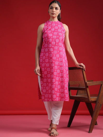 Indyancart IE Pink & White Bandhani Printed Halter Neck Cotton Straight Kurta