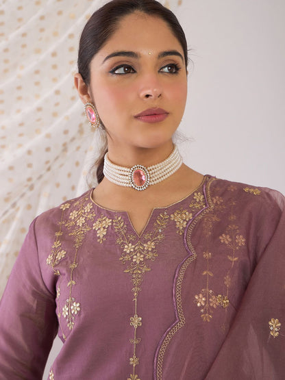 Indyancart IE Floral Embroidered Notch Neck Zari Straight Kurta With Trouser And Dupatta