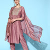 Dhiyona VA Women's Mauve Embroidered Kurta With Trousers & Dupatta
