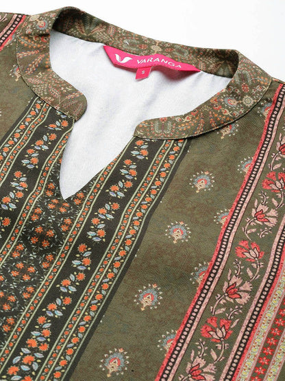 Indyancart VA Women'sEthnic Floral Printed Winter Straight Kurta Set with Dupatta.