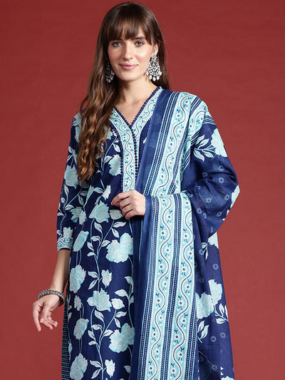 Indyancart IE Floral Printed Pure Cotton Kurta With Trousers & Dupatta
