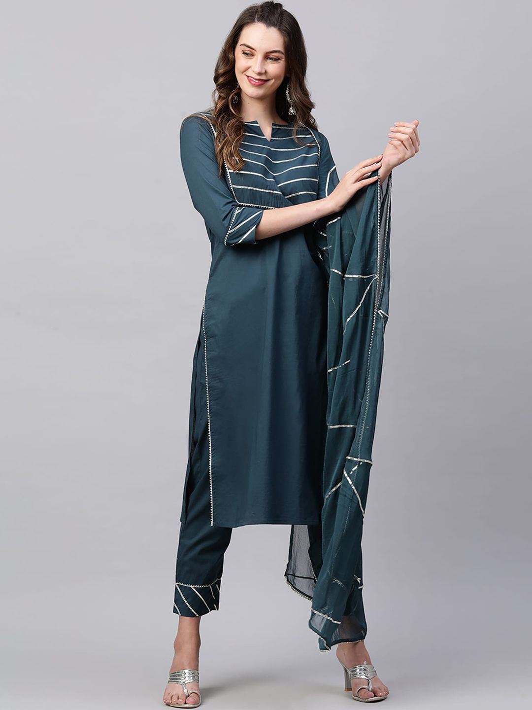 Dhiyona IE Women Teal Green & Golden Gotta Patti Pure Cotton Kurta with Trousers & Dupatta