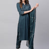 Dhiyona IE Women Teal Green & Golden Gotta Patti Pure Cotton Kurta with Trousers & Dupatta