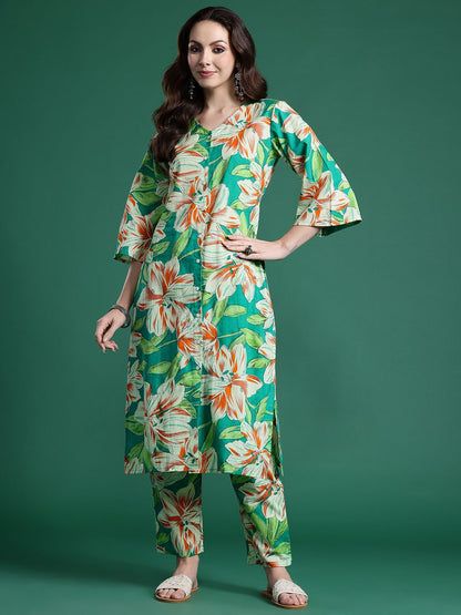 Indyancart IE Women Floral Printed Regular Pure Cotton Kurta with Trousers