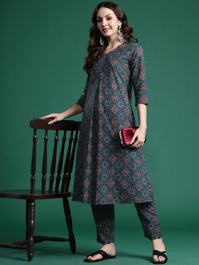 Indyancart IE Ethnic Motifs Printed Pure Cotton Kurta with Trousers