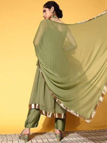 Indyancart VA Women'sSelf Design Empire Kurta With Trousers & Dupatta