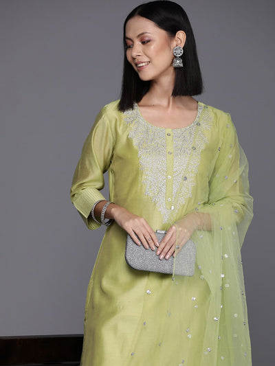 Indyancart VA Women'sFloral Embroidered Regular Chanderi Silk Kurta with Trousers & Dupatta