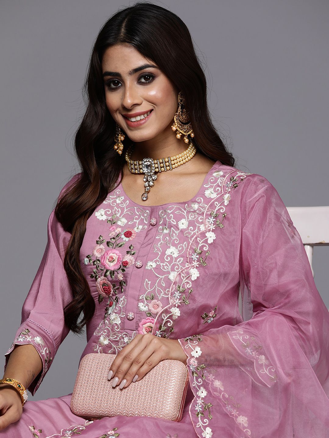 Women Floral Embroidered Regular Sequinned Kurta with Trousers & Dupatta