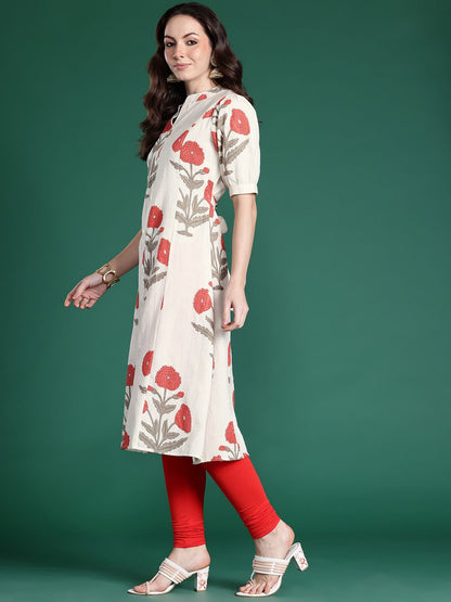Indyancart IE Floral Printed Puff Sleeves Pure Cotton Kurta