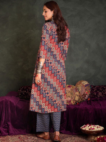 Indyancart IE Ethnic Motifs Printed Pure Cotton Kurta With Trousers